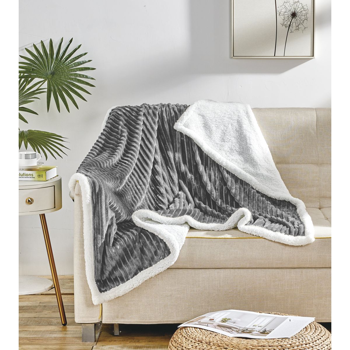 50 x 60-Inch Corduroy Sherpa Reversible Throw Blanket - Gray
