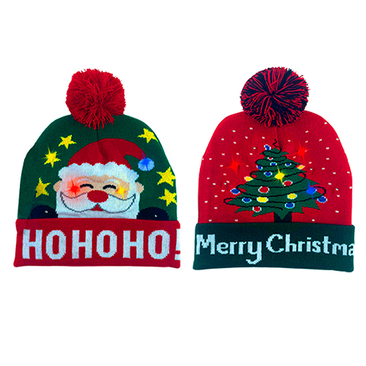 Colorful Warm LED Christmas Holiday Pom Pom Beanie (2-Pack) - Hohoho and Tree