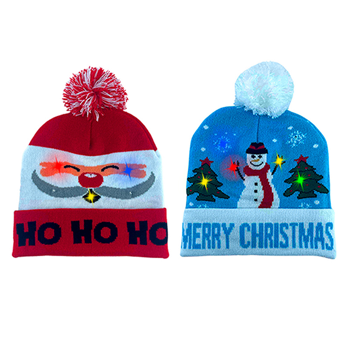 Colorful Warm LED Christmas Holiday Pom Pom Beanie (2-Pack) - Santa and Merry Xmas