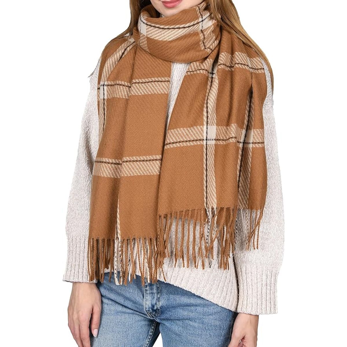 Women's Tassel Oversized Scarf - BROWN