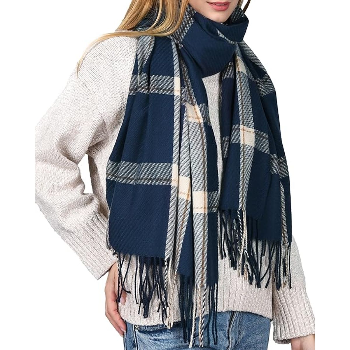 Women's Tassel Oversized Scarf - BLUE