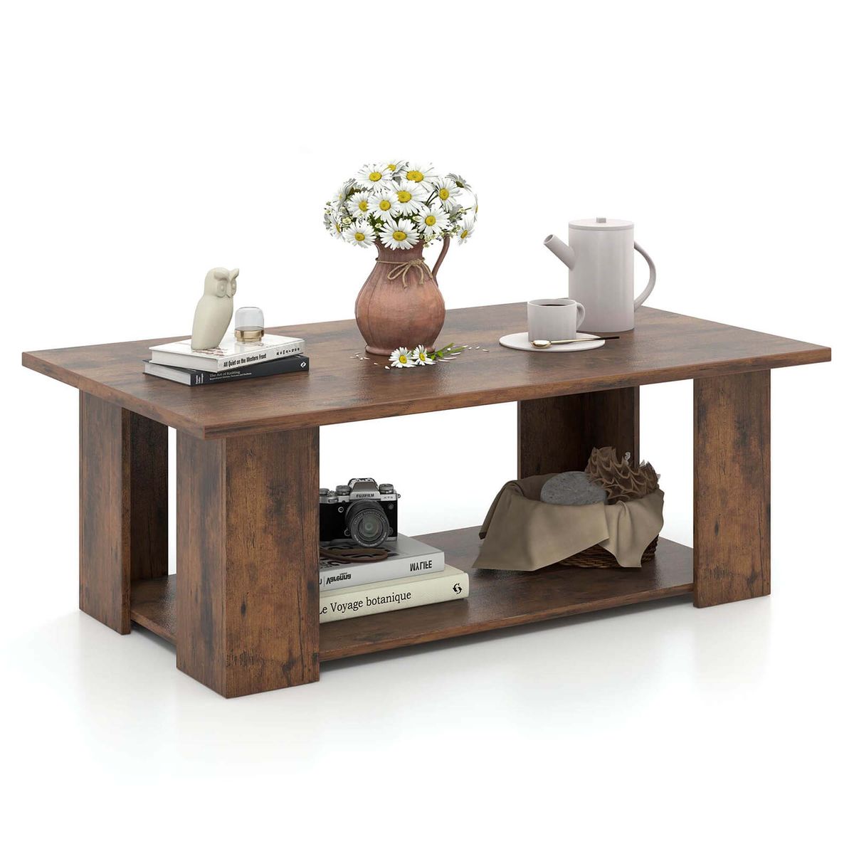 36-Inch 2-Tier Wooden Modern Coffee Table with Storage Shelf - Coffee Table -Brown