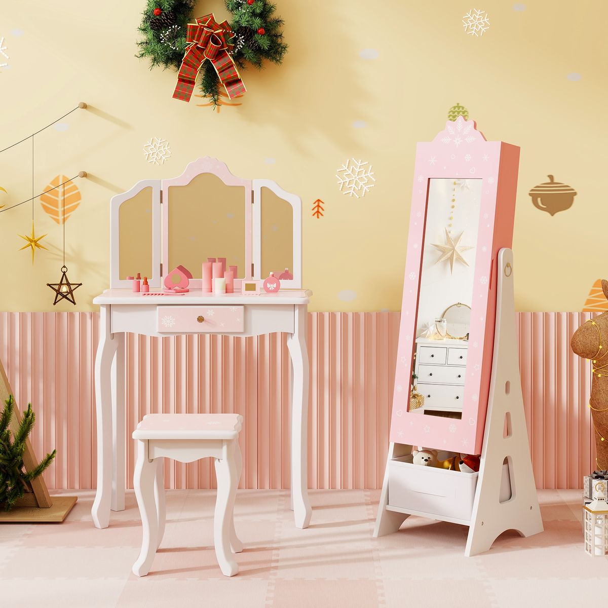 Princess Vanity Dressing Table and Chair Set with Jewelry Cabinet - Pink