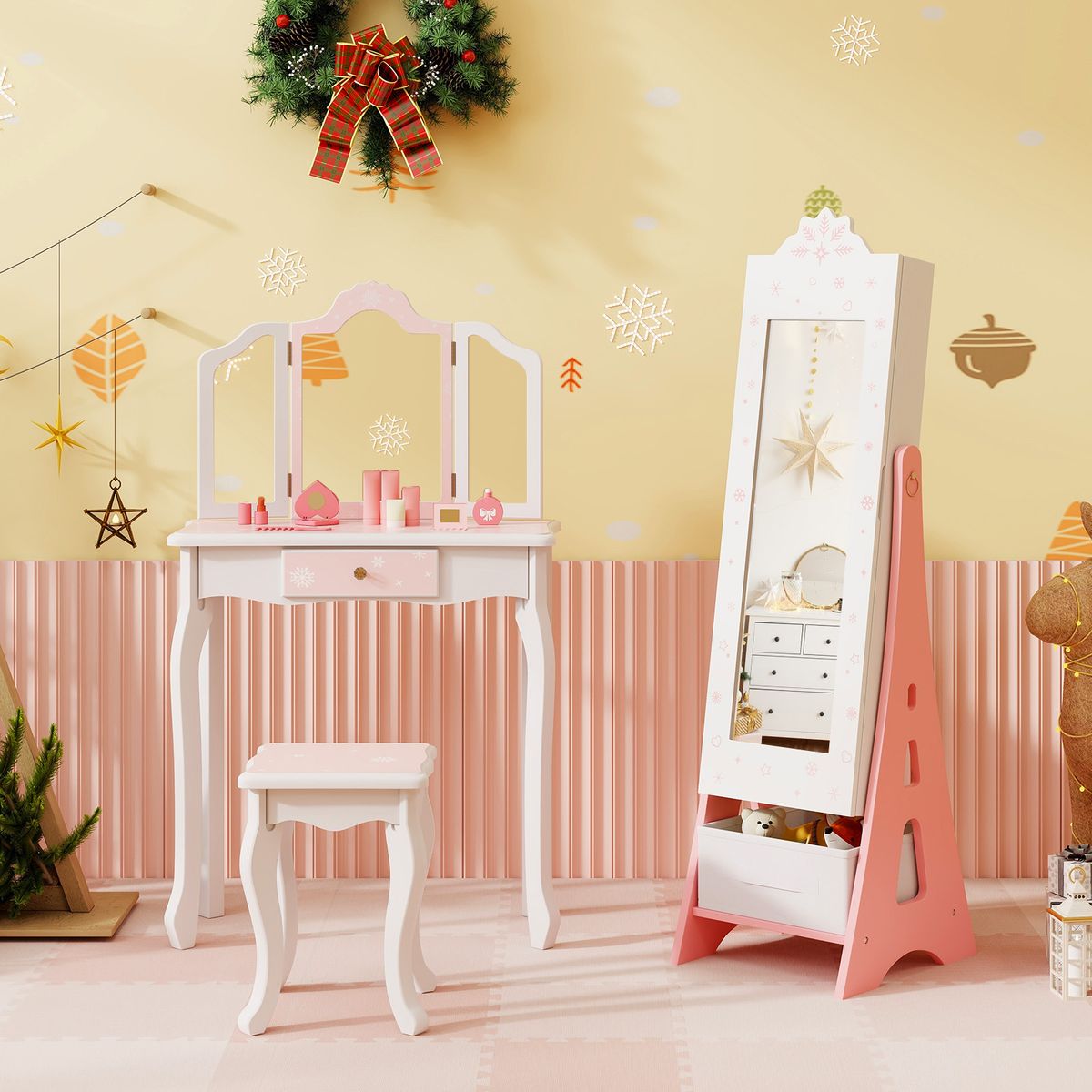 Princess Vanity Dressing Table and Chair Set with Jewelry Cabinet - White