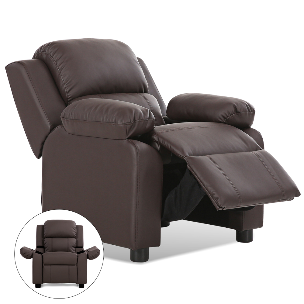 Kids' Deluxe Padded Armchair Recliner with Headrest and Storage Arm - Brown