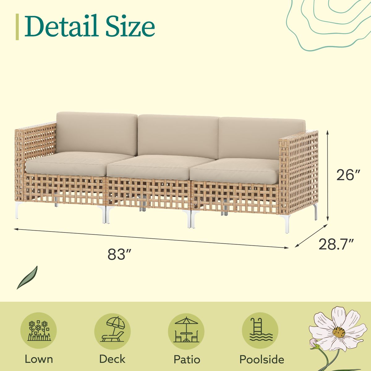 Outdoor Patio Conversation Sectional Furniture Set - 3 Seats Sofa