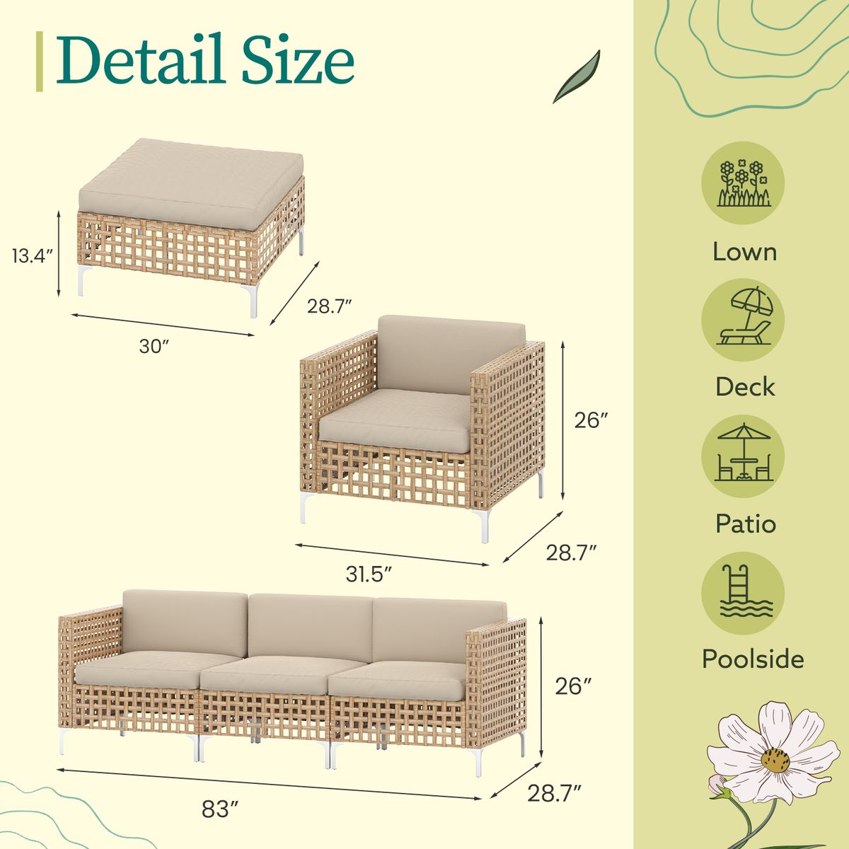 Outdoor Patio Conversation Sectional Furniture Set - Sofa+Single Chair+Ottoman-image-SKU11506614