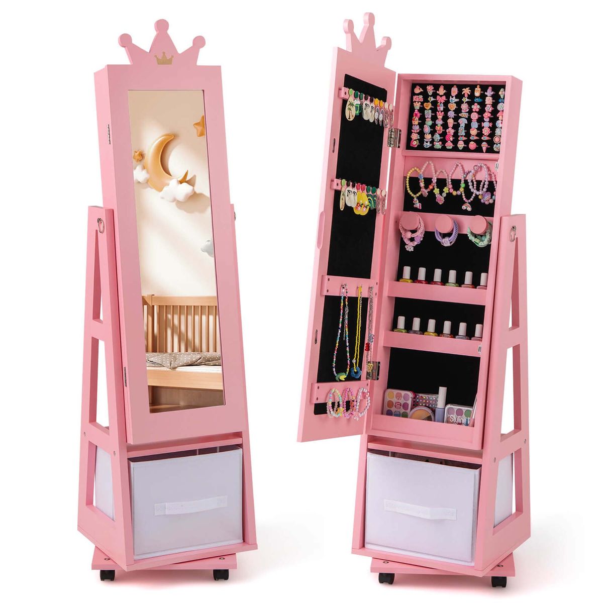 2-in-1 Kids' Play Jewelry Armoire with Full Length Mirror & Drawers - Kids Jewelry-pink