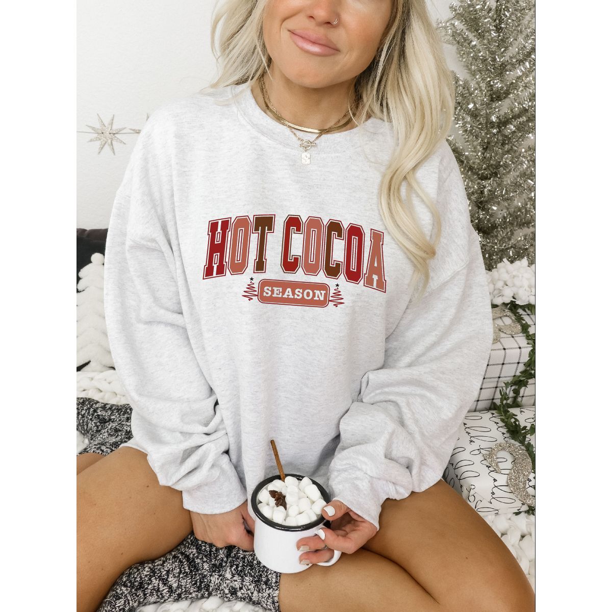 Women's 'Hot Cocoa Season' Graphic Sweater - L / Ash