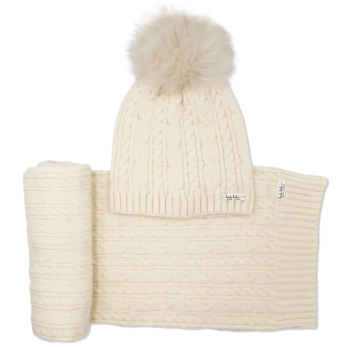 Nicole Miller New York Hanging Scarf and Beanie Set - Oatmeal