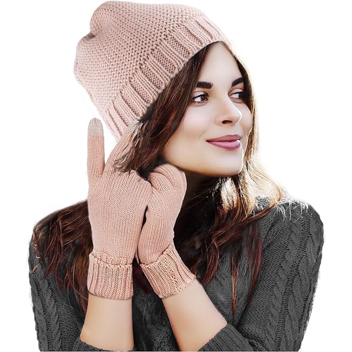 Women's Beanie and Touchscreen Gloves Set - Women's Beanie and Gloves Pink