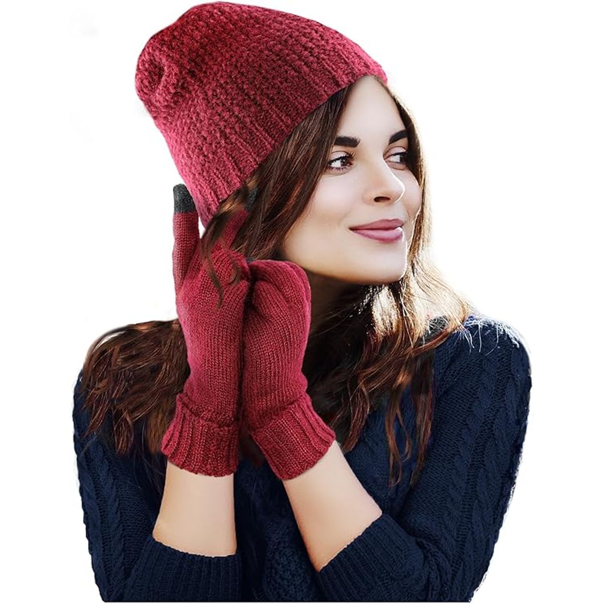 Women's Beanie and Touchscreen Gloves Set - Women's Beanie and Gloves Burgundy