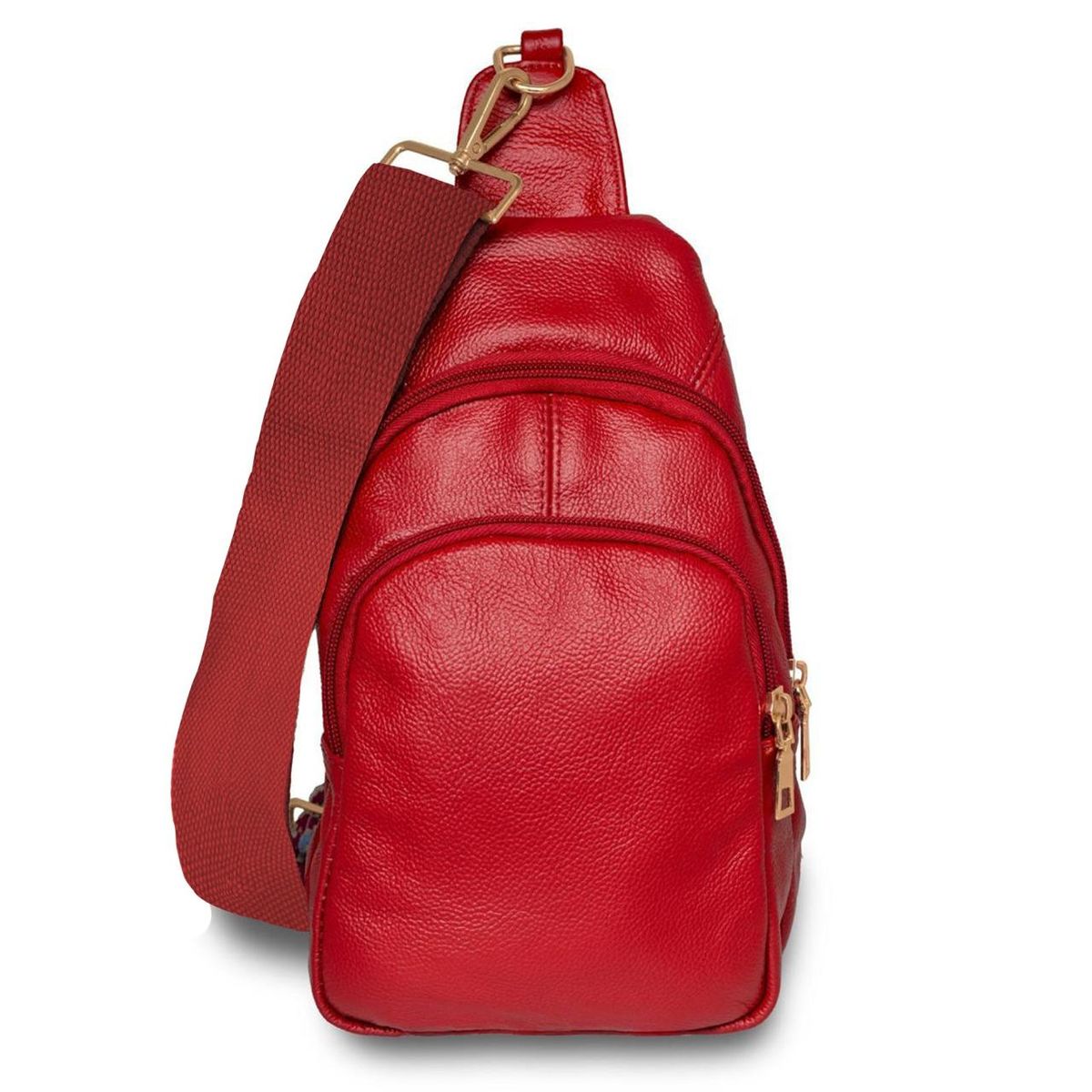 Real Leather Solid Strap Shoulder Sling Bag - Red