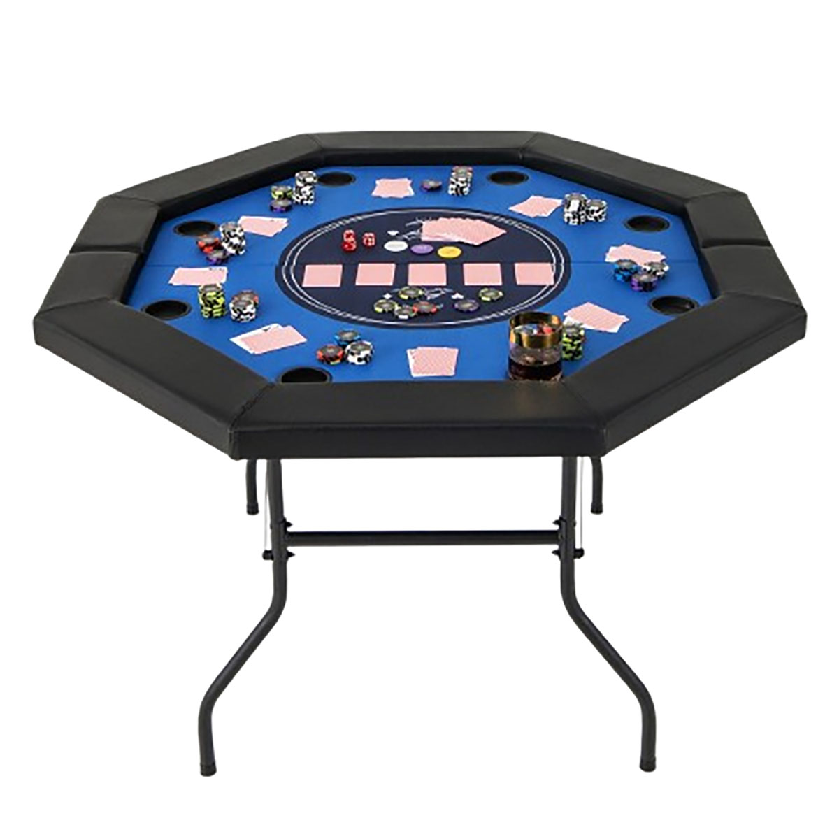 48-Inch 8-Player Foldable Poker Table with Carrying Bag & Cup Holders - Poker Table-Blue