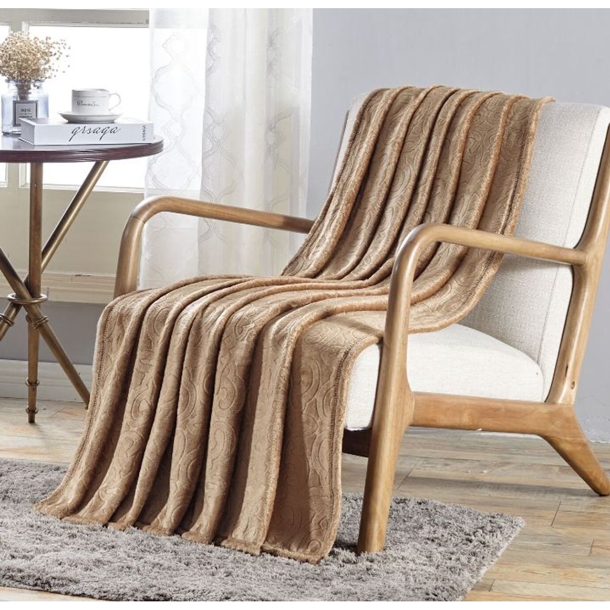 Soft Dama 50 x 60-Inch Embossed Plush Throw Blanket - Tan