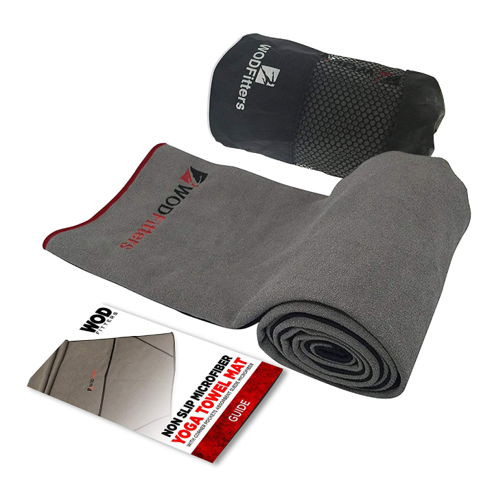 Non Slip Microfiber Yoga Towel Mat with Corner Pocket  Grey with Red
