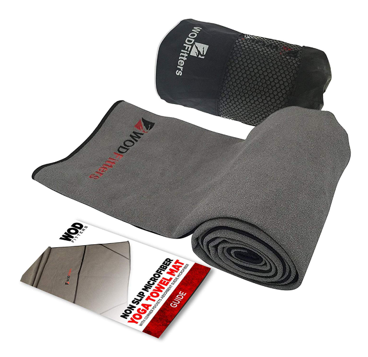 Non Slip Microfiber Yoga Towel Mat with Corner Pocket - Grey with Black