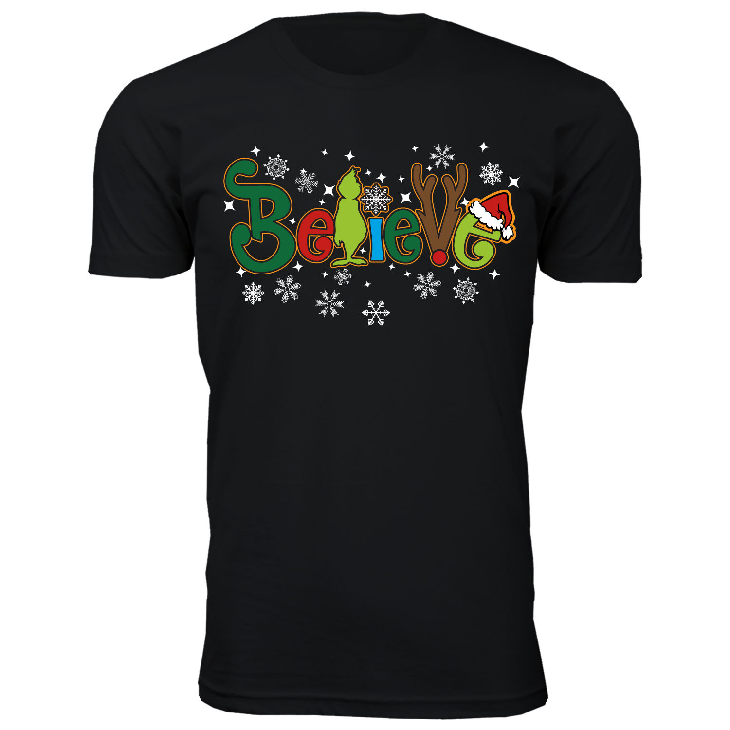Men's Christmas Spirit Crew Neck T-Shirts - Believe - Black / L