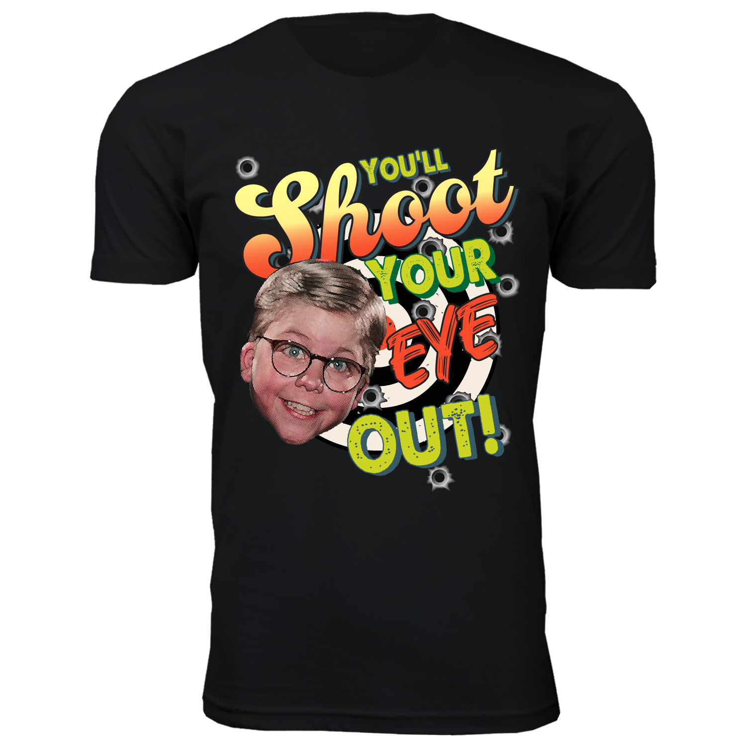 Men's Christmas Spirit Crew Neck T-Shirts - You'll Shoot Your Eye Out! - Black / 3XL