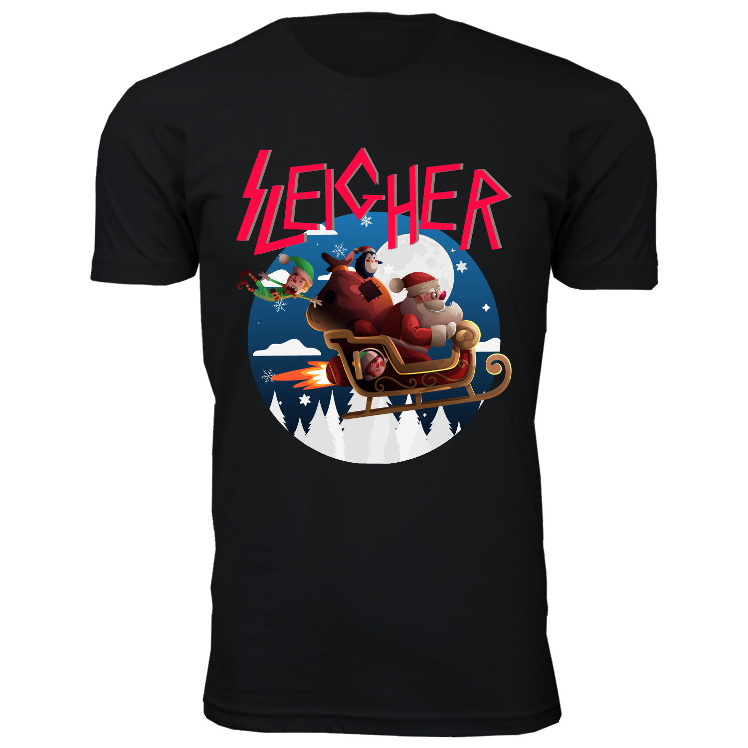 Men's Christmas Spirit Crew Neck T-Shirts - Sleigher - Black / M