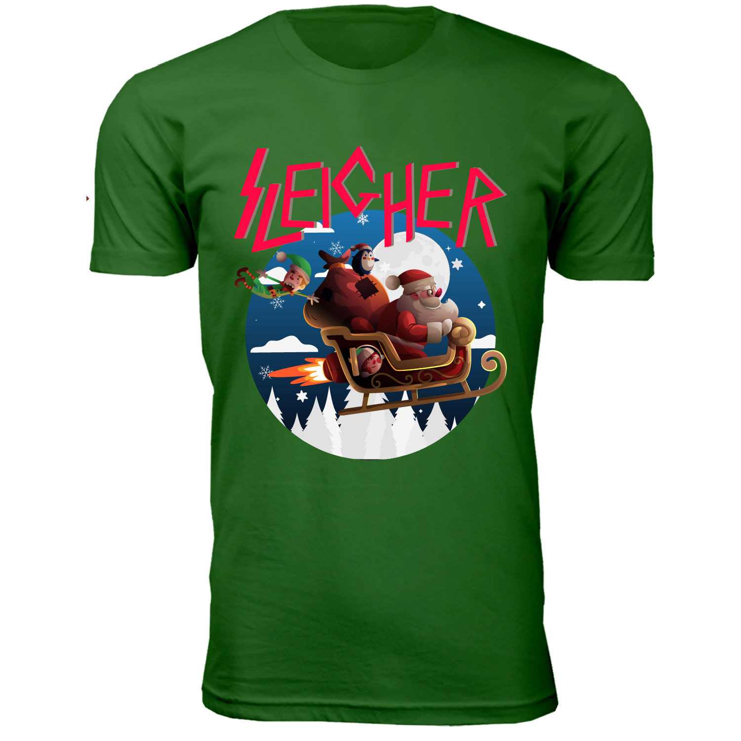 Men's Christmas Spirit Crew Neck T-Shirts - Sleigher - K.Green / 3XL