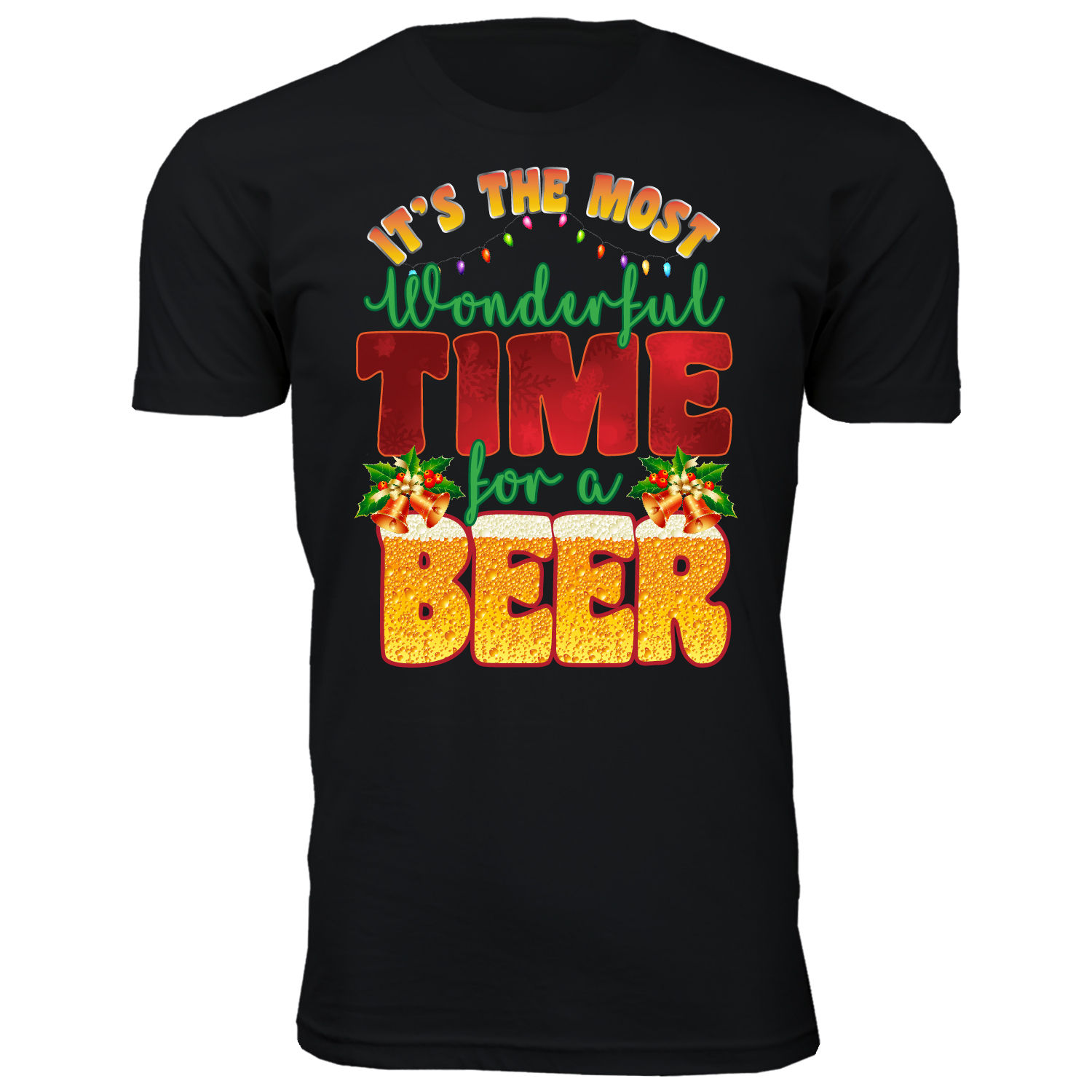 Men's Christmas Spirit Crew Neck T-Shirts - Wonderful Time for a Beer - Black / 2XL