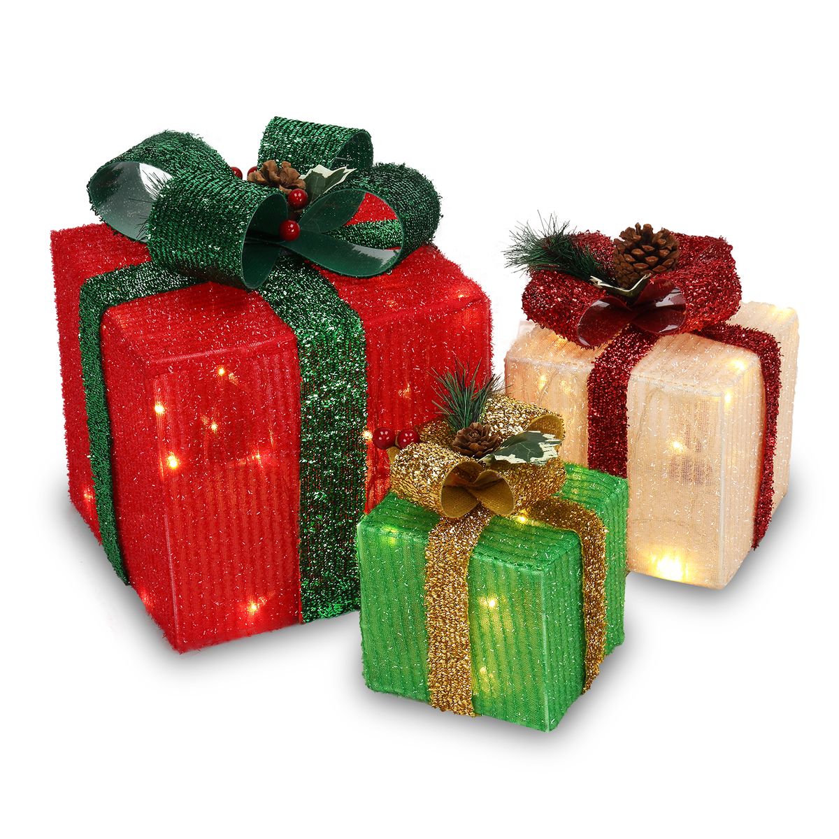 3-Piece Christmas Gift Box Décor with LED Lights - Multicolor