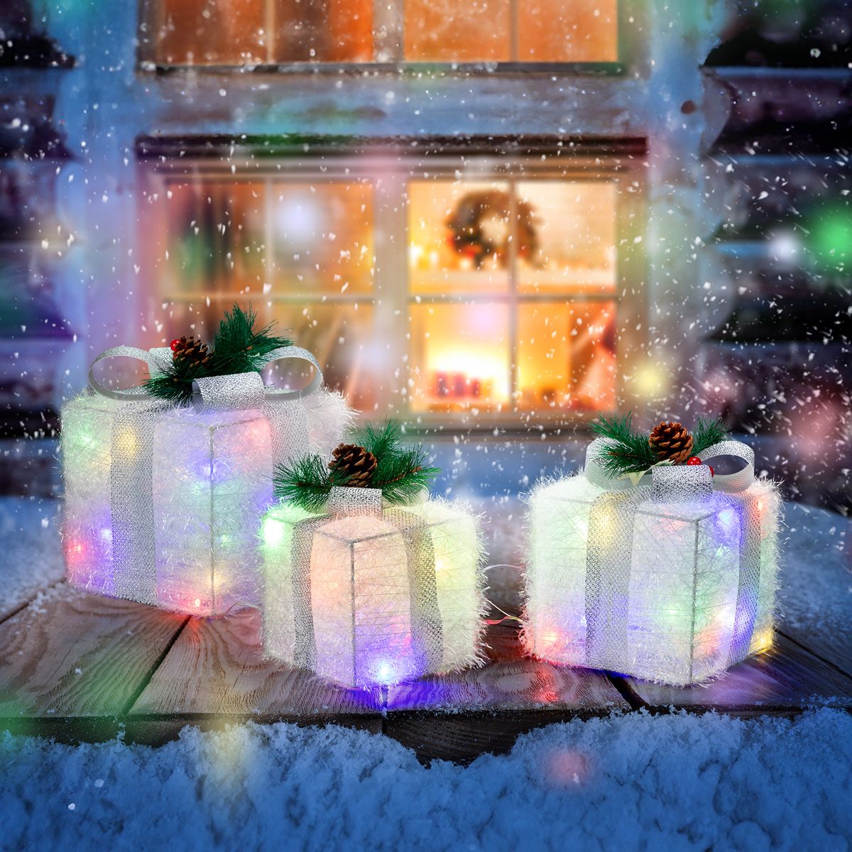 3-Piece Christmas Gift Box Décor with LED Lights - White