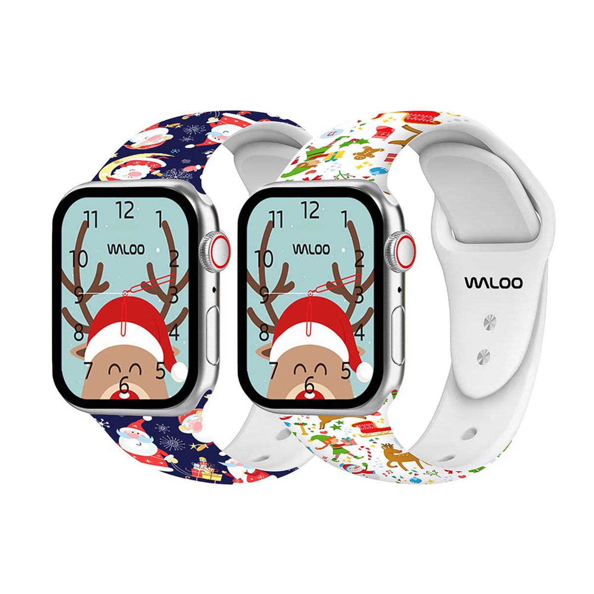 Christmas/Holiday-Fun Silicone Sport Bands for Apple Watch (2-Pack) - 38/40/41mm & 42mm (Series 10 Only) / Navy Santa + Cream Reindeer