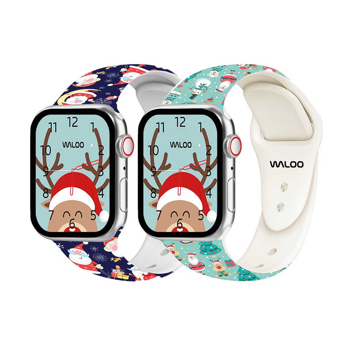 Christmas/Holiday-Fun Silicone Sport Bands for Apple Watch (2-Pack) - 38/40/41mm & 42mm (Series 10 Only) / Navy Santa + Teal Snowman