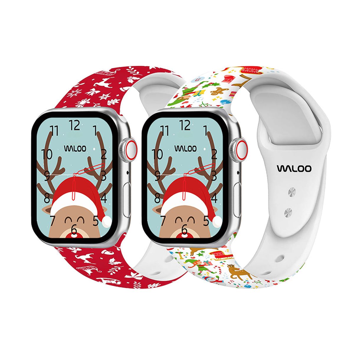 Christmas/Holiday-Fun Silicone Sport Bands for Apple Watch (2-Pack) - 38/40/41mm & 42mm (Series 10 Only) / Red Winter + Cream Reindeer
