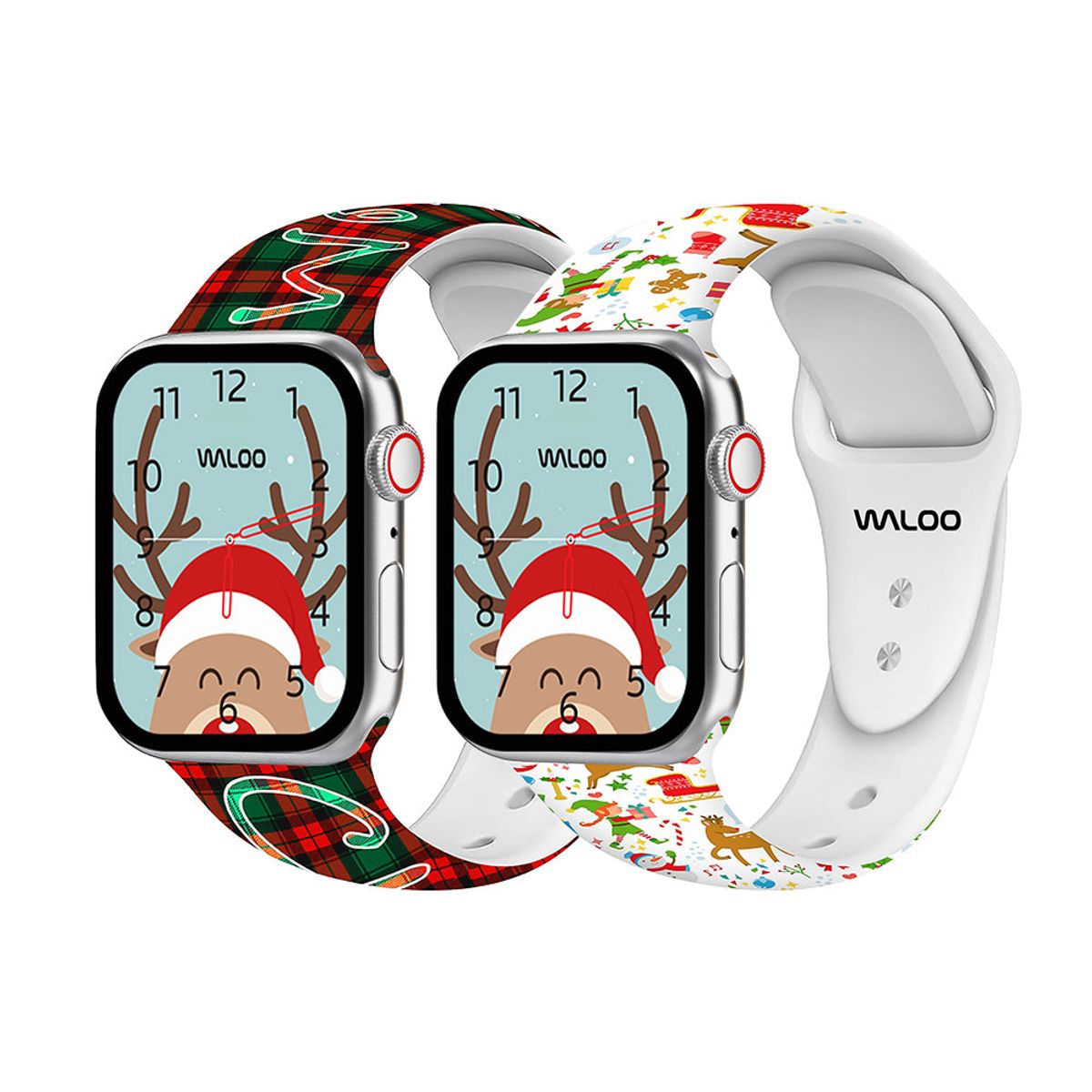 Christmas/Holiday-Fun Silicone Sport Bands for Apple Watch (2-Pack) - 44/45/46/49mm & 42mm (Series 1-3 Only) / Plaid + Cream Reindeer