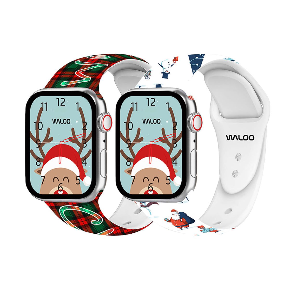 Christmas/Holiday-Fun Silicone Sport Bands for Apple Watch (2-Pack) - 44/45/46/49mm & 42mm (Series 1-3 Only) / Plaid + White Santa