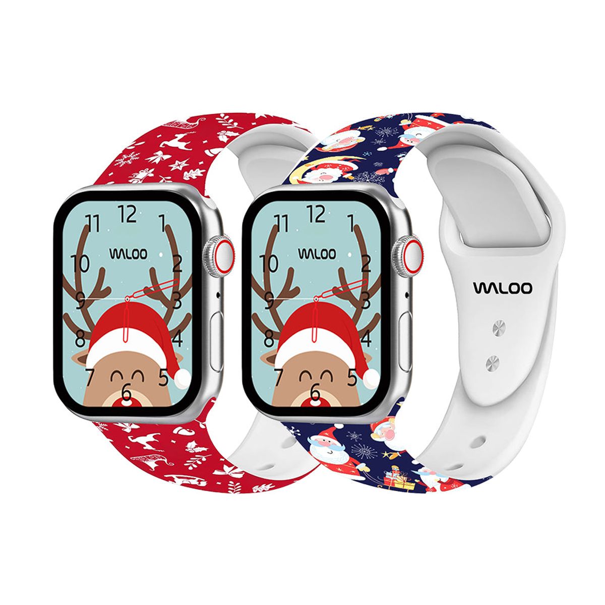 Christmas/Holiday-Fun Silicone Sport Bands for Apple Watch (2-Pack) - 44/45/46/49mm & 42mm (Series 1-3 Only) / Red Winter + Navy Santa