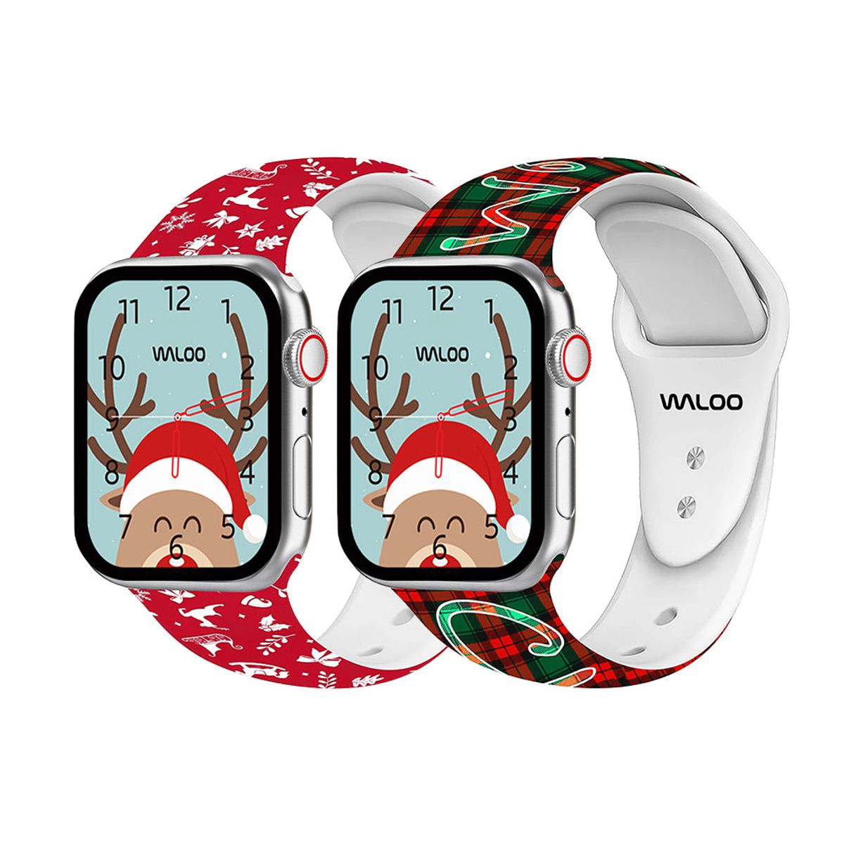 Christmas/Holiday-Fun Silicone Sport Bands for Apple Watch (2-Pack) - 44/45/46/49mm & 42mm (Series 1-3 Only) / Red Winter + Plaid