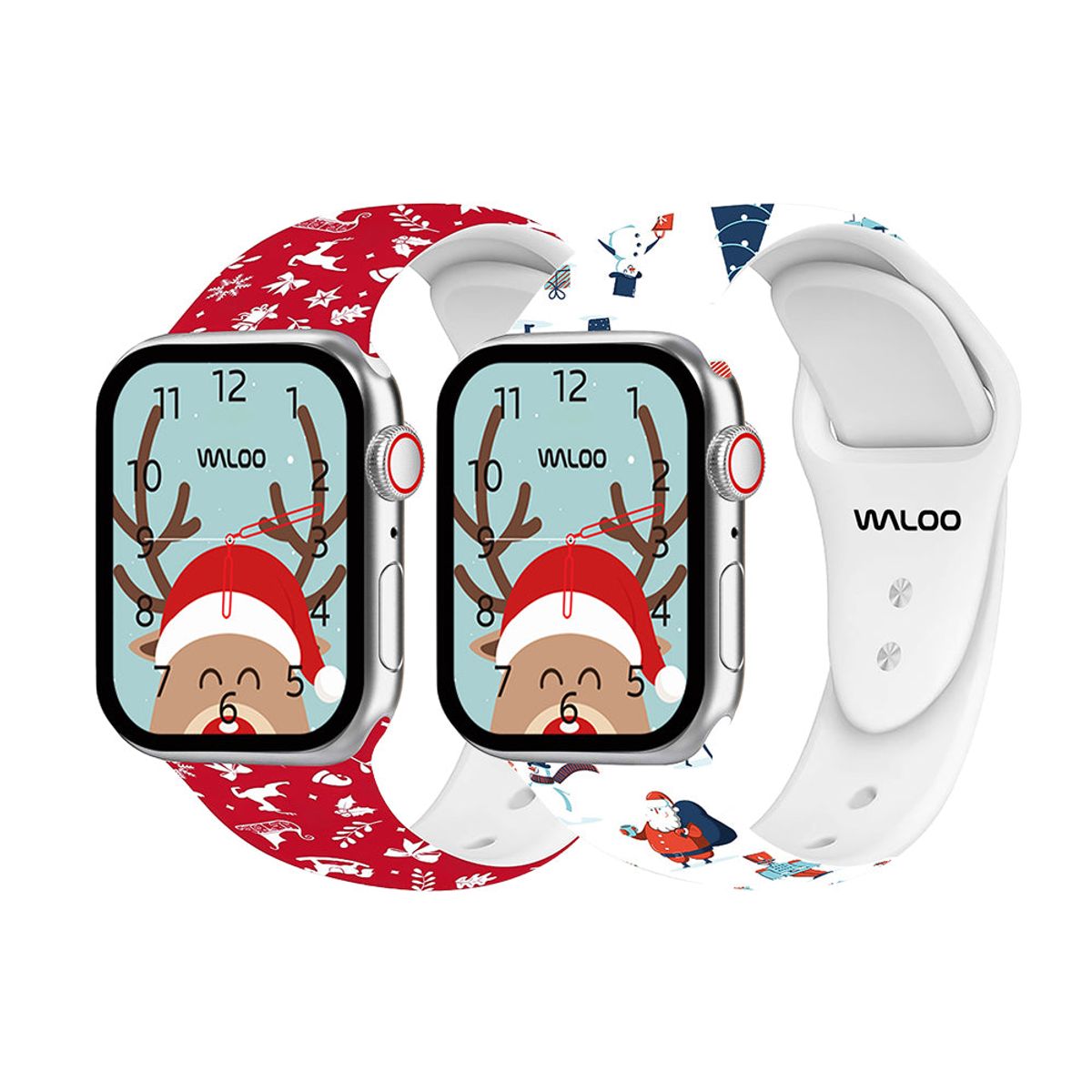 Christmas/Holiday-Fun Silicone Sport Bands for Apple Watch (2-Pack) - 44/45/46/49mm & 42mm (Series 1-3 Only) / Red Winter + White Santa