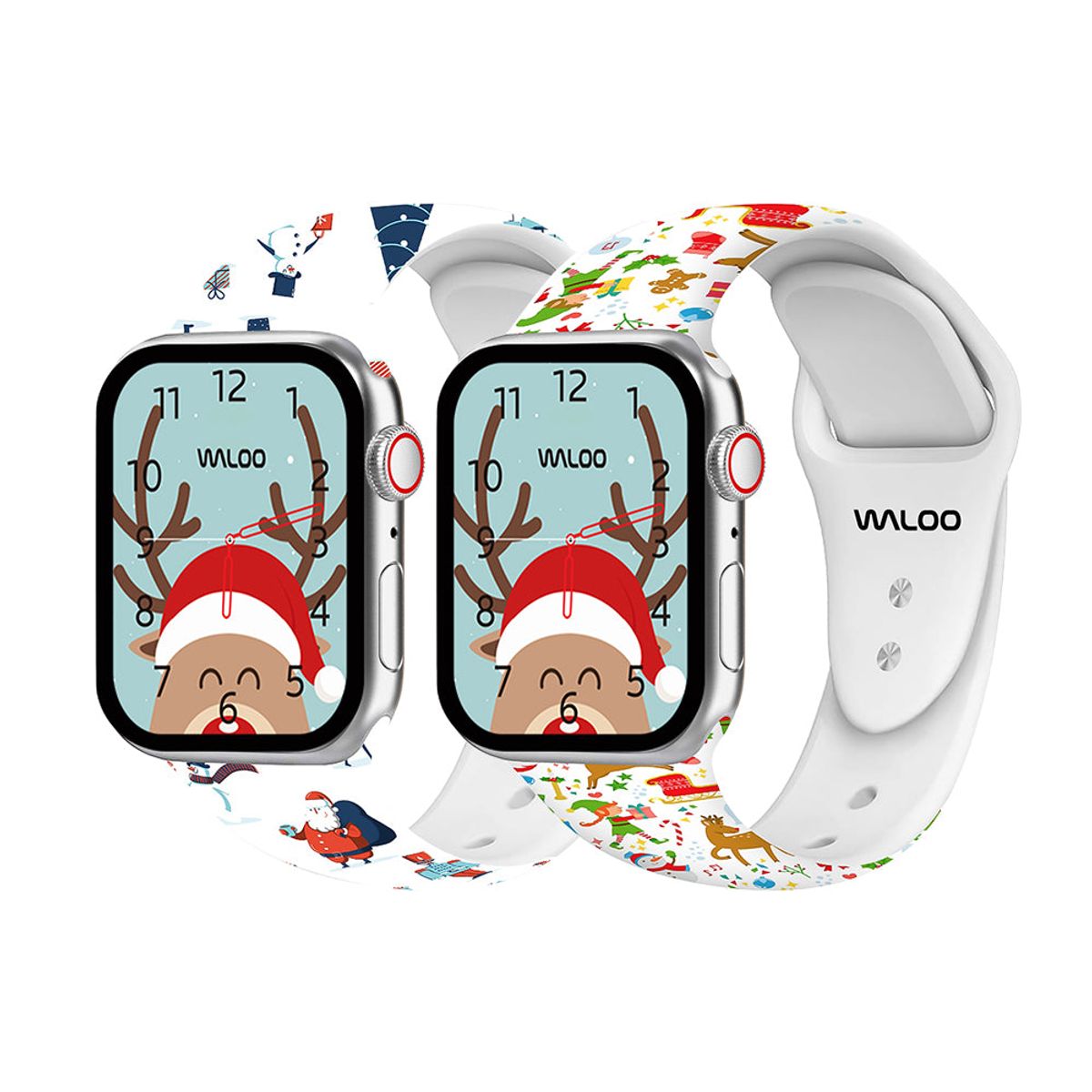Christmas/Holiday-Fun Silicone Sport Bands for Apple Watch (2-Pack) - 44/45/46/49mm & 42mm (Series 1-3 Only) / White Santa + Cream Reindeer