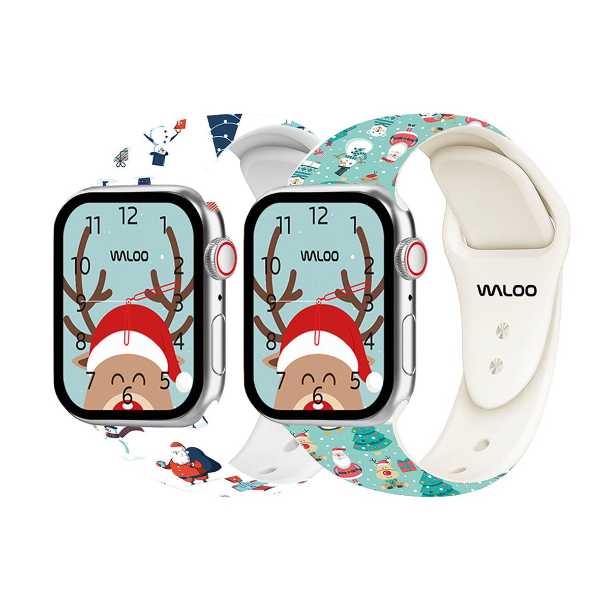 Christmas/Holiday-Fun Silicone Sport Bands for Apple Watch (2-Pack) - 44/45/46/49mm & 42mm (Series 1-3 Only) / White Santa + Teal Snowman