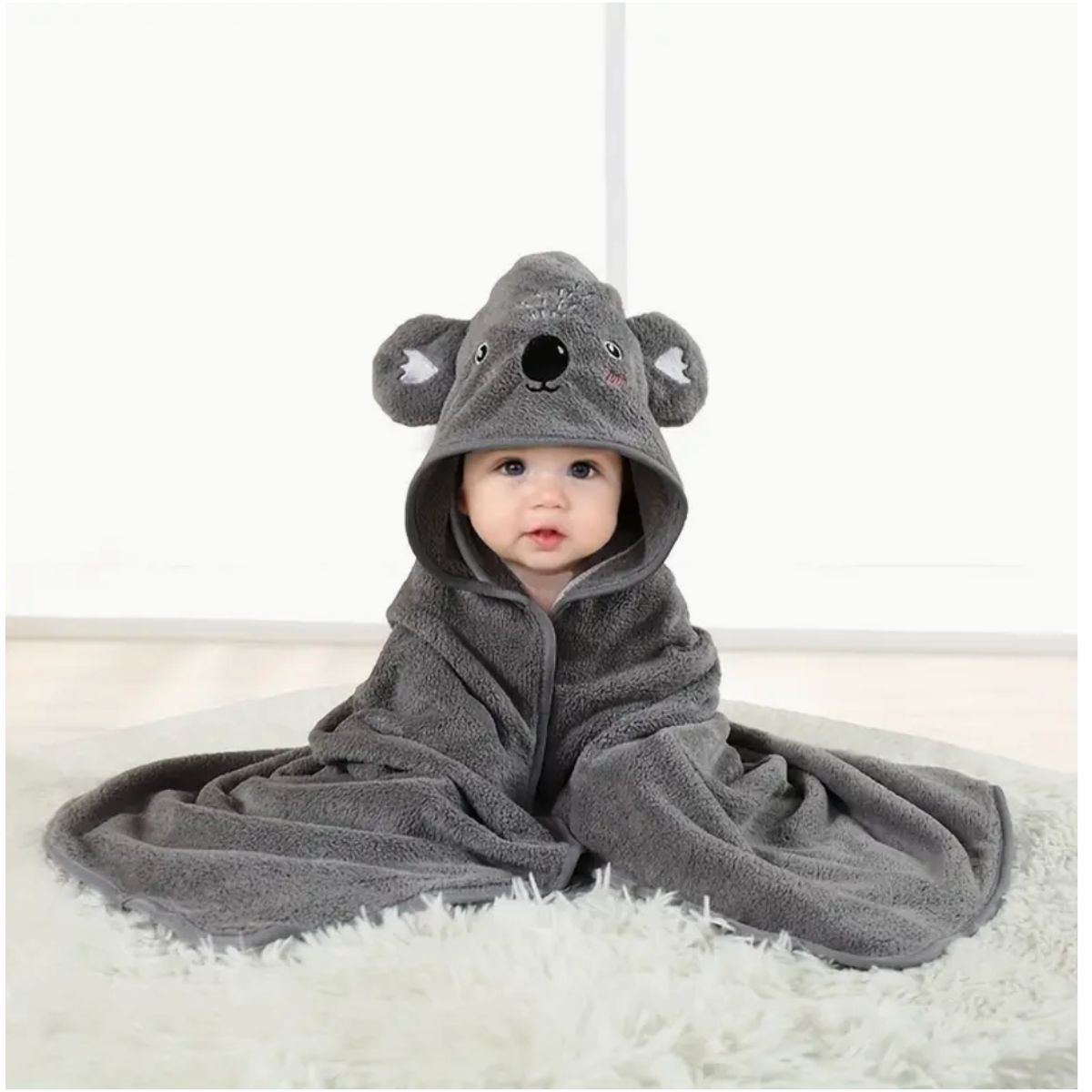 Absorbent Animal-Hooded Baby Bath Towel - Grey
