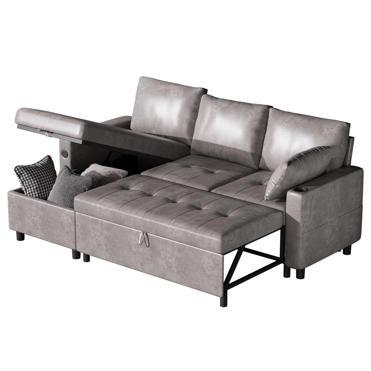 3-in-1 Convertible Sleeper Sofa - Grey, PU Leather