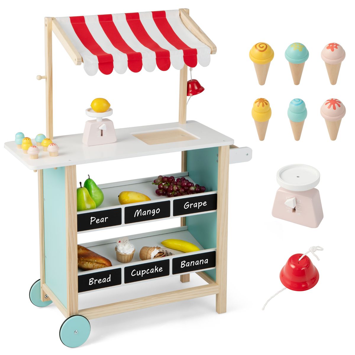 Kids Wooden Ice Cream Cart with Chalkboard and Storage Kids Ice Cream CartGreen