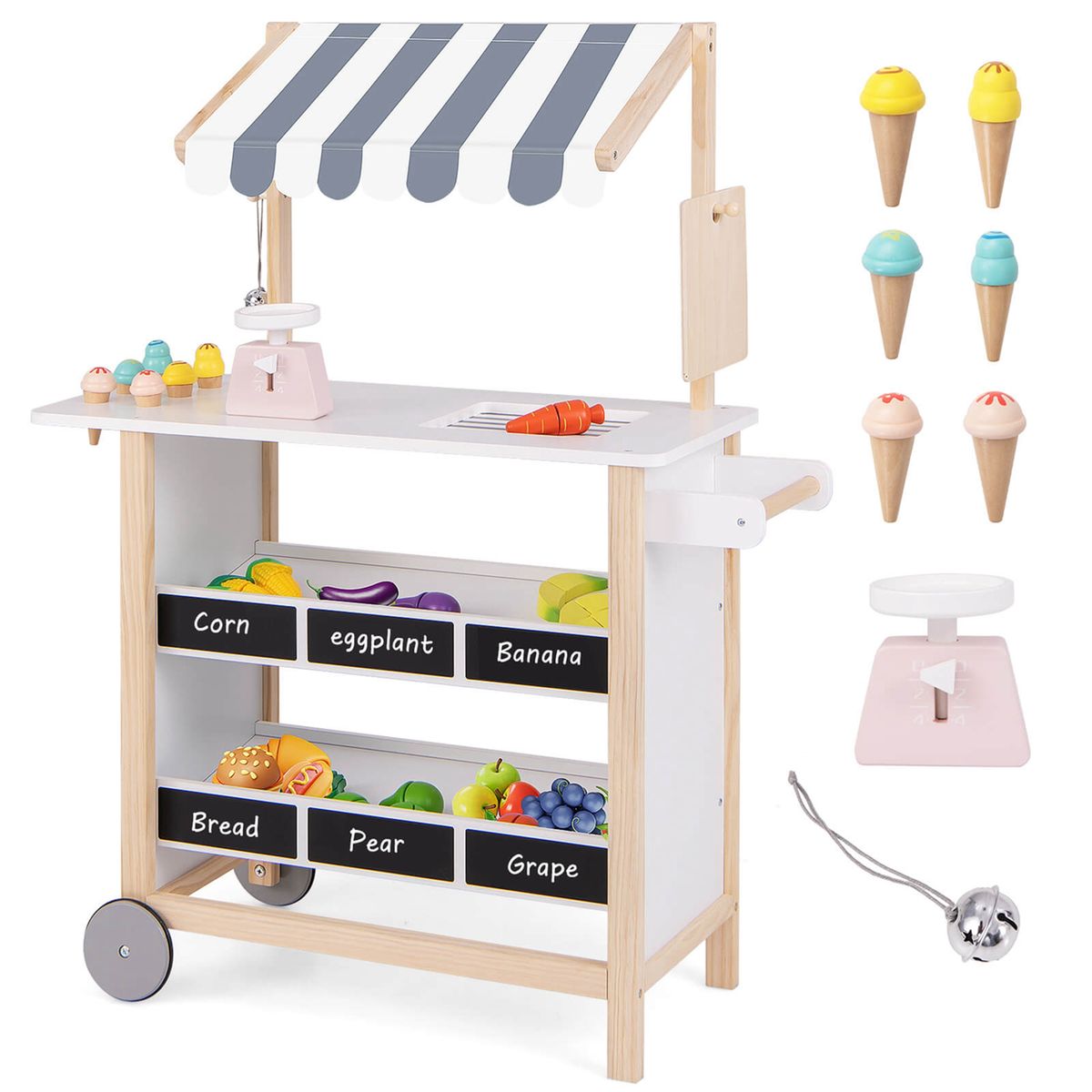 Kids Wooden Ice Cream Cart with Chalkboard and Storage Kids Ice Cream CartWhite