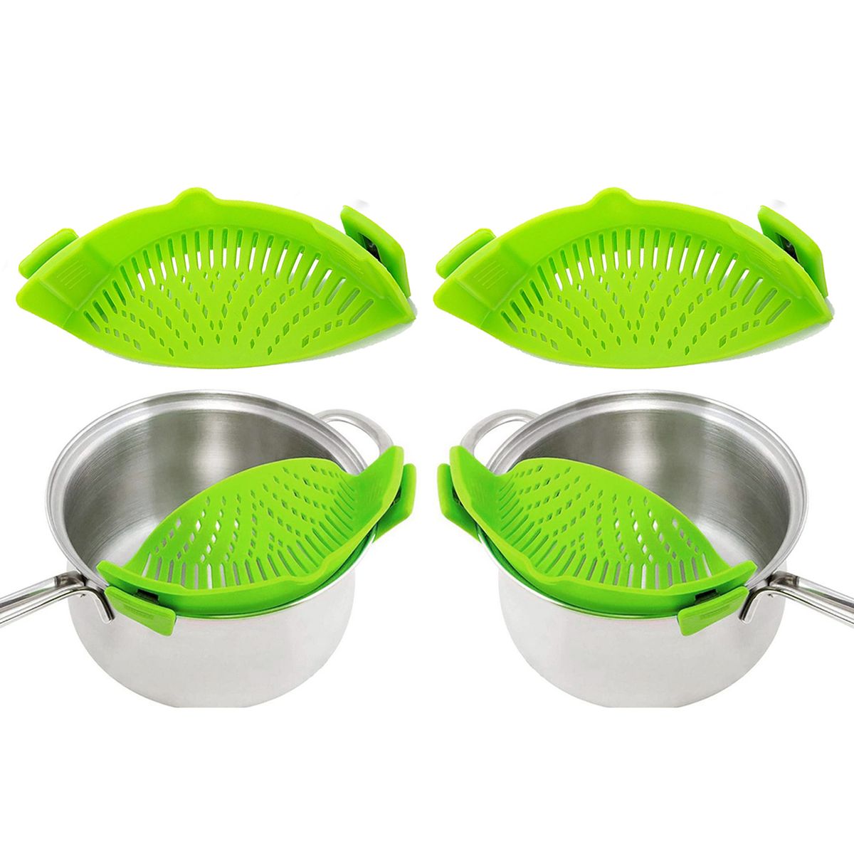 Easy Snap-On Heat Resistance Silicone Kitchen Strainer (2-Pack) - Green