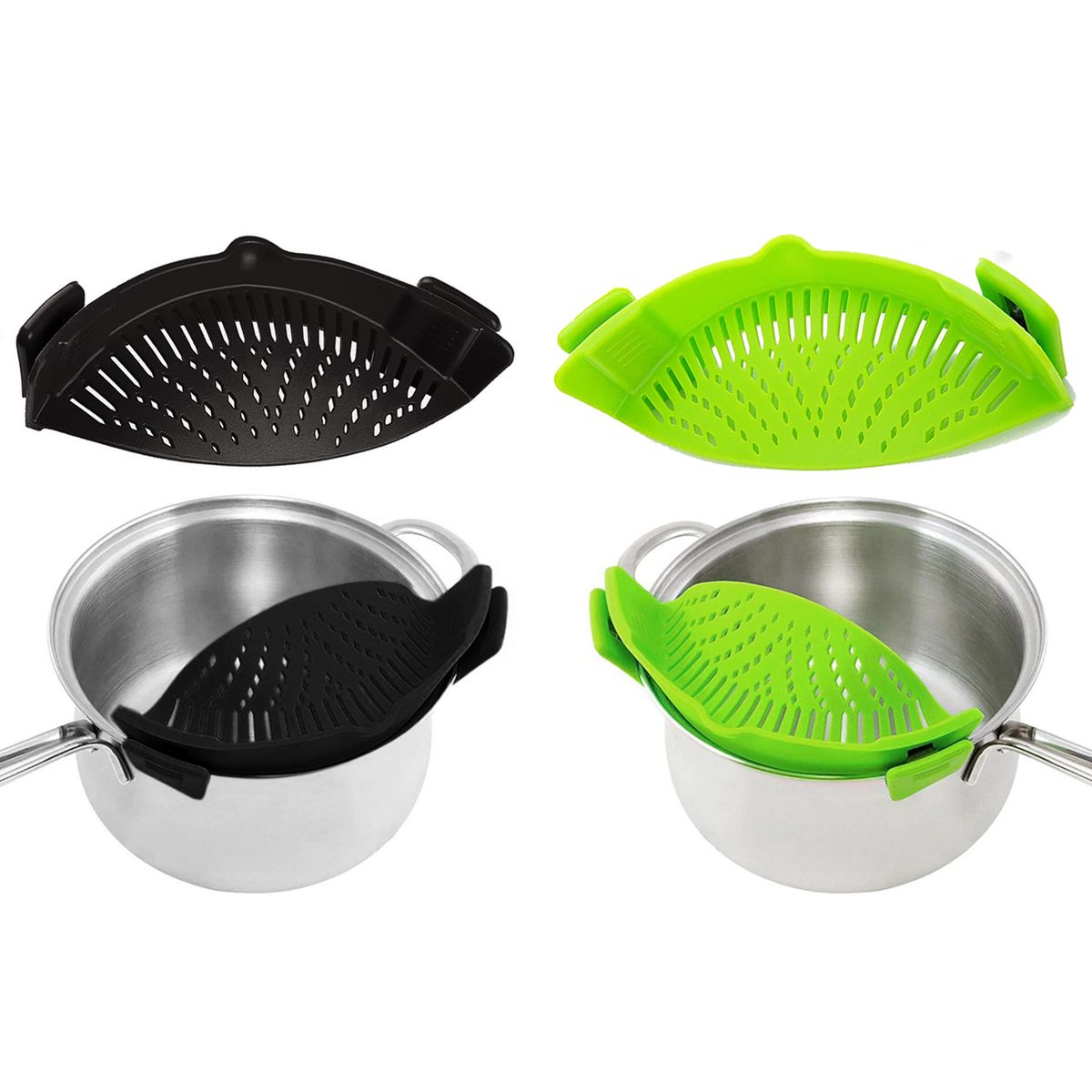 Easy Snap-On Heat Resistance Silicone Kitchen Strainer (2-Pack) - Green + Black