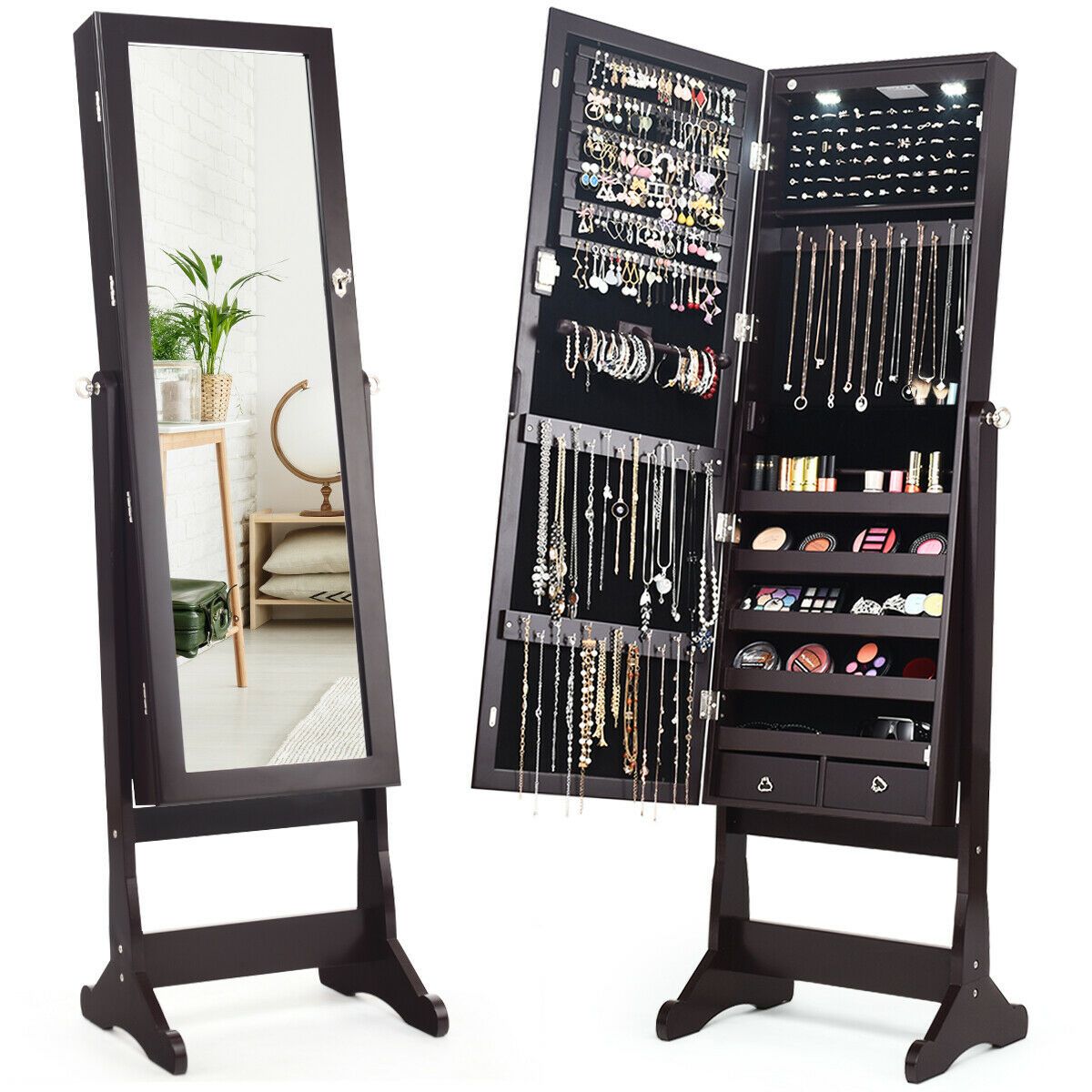 Photos - Wardrobe Costway Lockable Mirrored Jewelry Cabinet Armoire Organizer - Mirrored Jewelry Cabinet-Brown HW54402BN