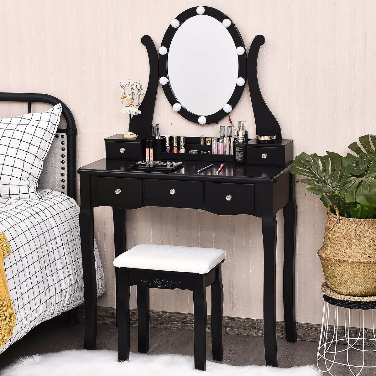 Vanity Table Set with 10 Light Bulbs - Vanity Table Set-Black