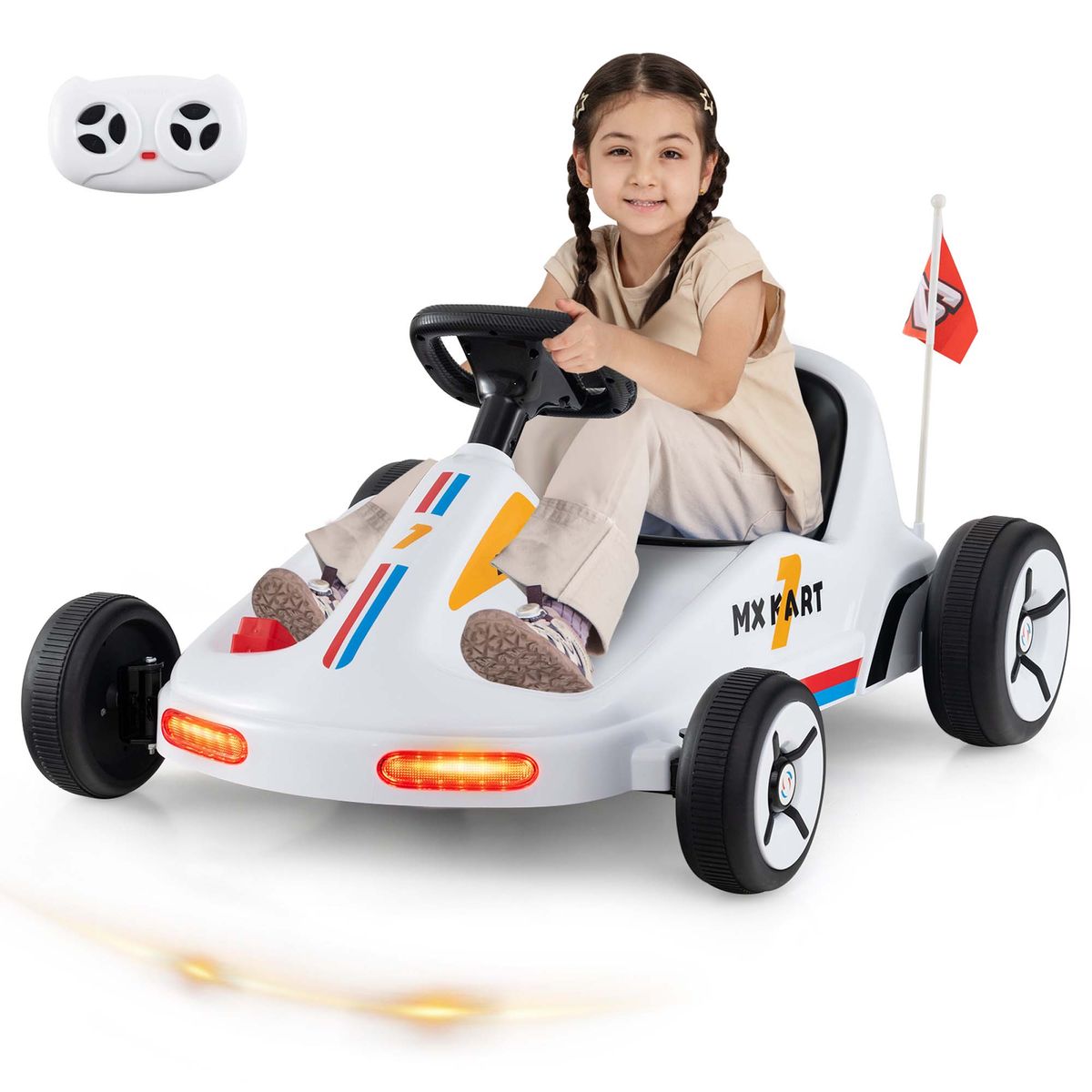 12V Kids Electric Go Kart 7AH Battery-Powered Ride-On Race Toy with Remote Control - Electric Go Kart -White