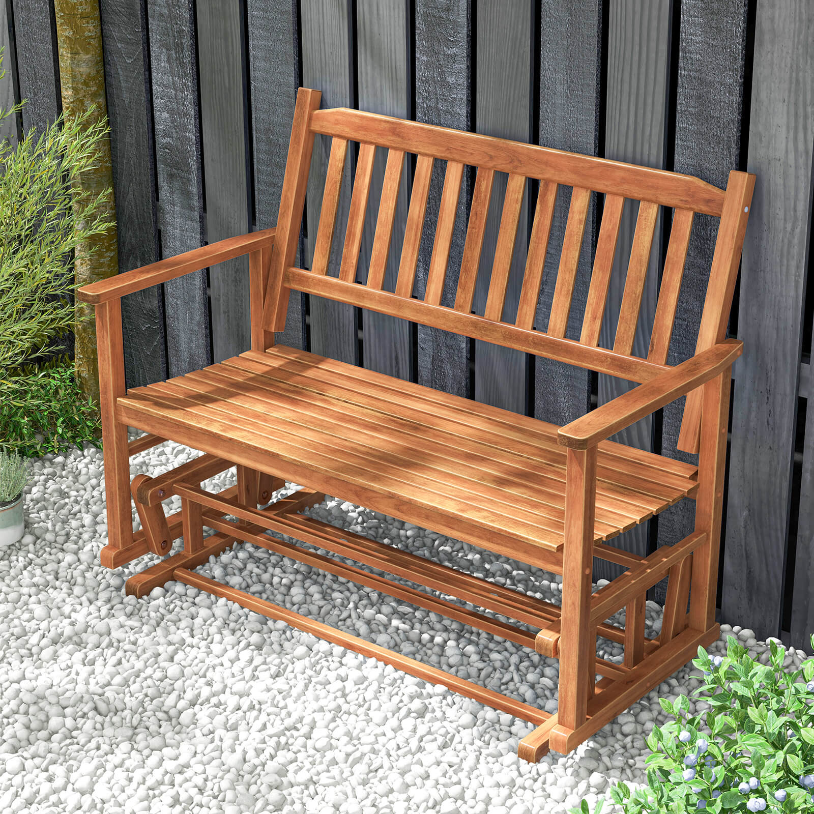 2-Seat Outdoor Glider Bench with Armrests and Slatted Seat - Patio Glider Loveseat-Natural