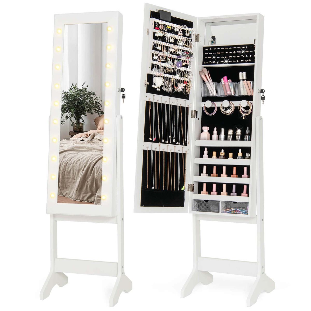 Full-Length Mirrored Jewelry Cabinet with LED Lights - Jewelry Cabinet -White