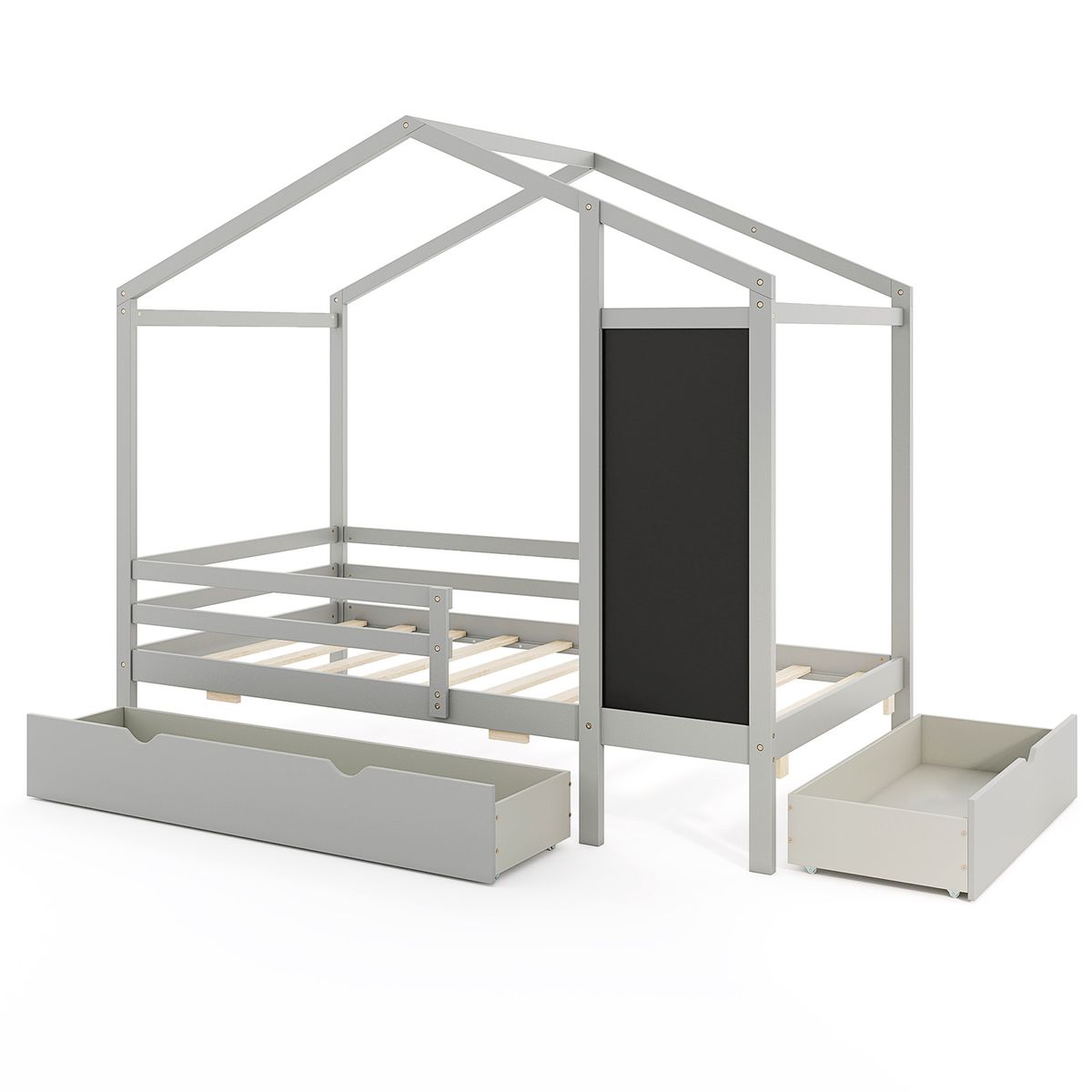 Kids' Twin Size Bed with 2 Drawers - Solid Wood Bed with Blackboard - win House Bed -Gray